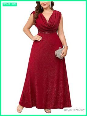 Plus Size Sequin Glitter Formal Maxi A-Line Dress Cowl Neck Sleeveless Gown